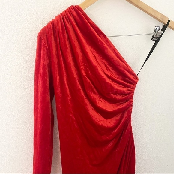 Monse Velvet One Shoulder Drawstring Asymmetric Dress Scarlet 4 NWT - Picture 9 of 16